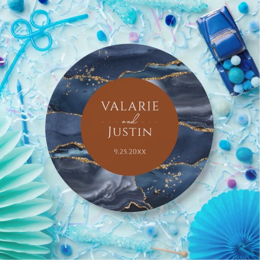 Assiettes En Carton Mariage Agate Bleu & Orange (Fête)