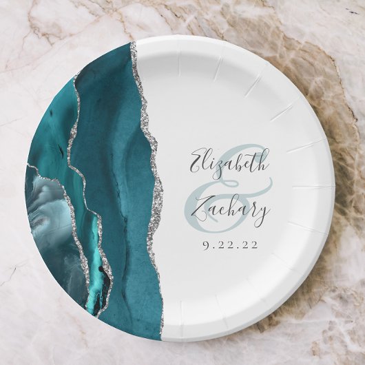Assiettes En Carton Mariage Agate Geode Script Turquoise Argent