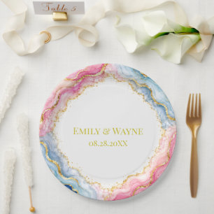 Assiettes En Carton Mariage Agate Rose Bleu Or