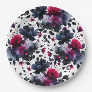 Assiettes En Carton Mariage aquarelle florale rose et bleu magenta