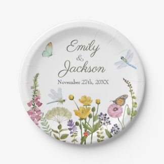Assiettes En Carton Mariage Aquarelle Papillon Libellule Fleur Sauvage