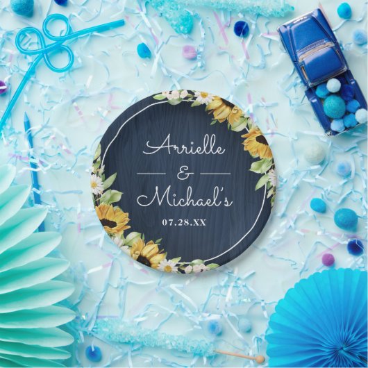 Assiettes En Carton Mariage Arrière - plan Rustic Sunflower Navy Blue  (Fête)