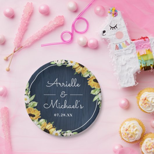 Assiettes En Carton Mariage Arrière - plan Rustic Sunflower Navy Blue  (Fête)