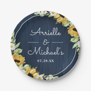 Assiettes En Carton Mariage Arrière - plan Rustic Sunflower Navy Blue 
