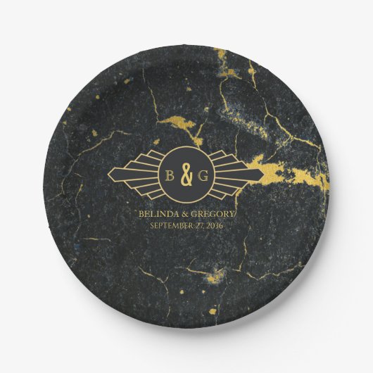 Assiettes En Carton Mariage Art déco en marbre d'or noir (Devant)