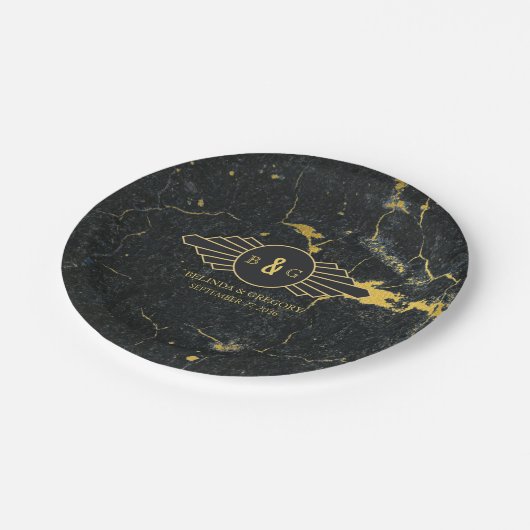 Assiettes En Carton Mariage Art déco en marbre d'or noir (Angle)