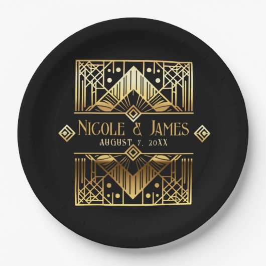 Assiettes En Carton Mariage Art déco noir & or (Devant)