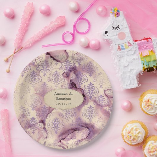 Assiettes En Carton Mariage au damas lavande en détresse (Fête)