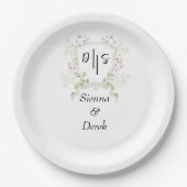 Assiettes En Carton Mariage au monogramme de fleurs sauvages crépuscul (Devant)