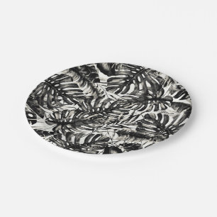 Assiettes En Carton Mariage aux feuilles de palmier tropical noir et b