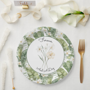 Assiettes En Carton Mariage aux Orchidées Blanches et Feuilles Vertes