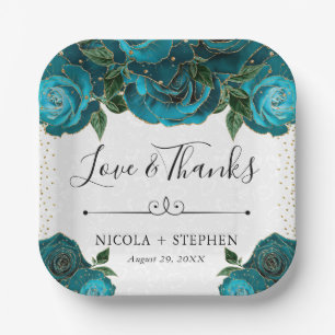 Assiettes En Carton Mariage aux Roses Glam Turquoise et Or Aquarelle
