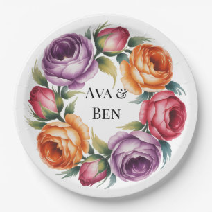 Assiettes En Carton Mariage aux Roses Violettes, Orange et Rouges Fest