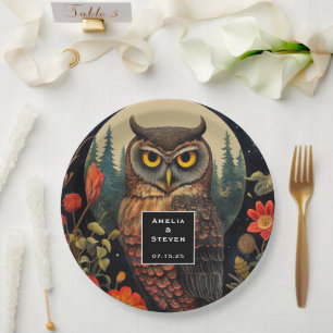 Assiettes En Carton Mariage avec motif de hibou la nuit avec pleine lu