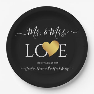 Assiettes En Carton Mariage Black Gold Heart Nom du script Mr et Mrs.