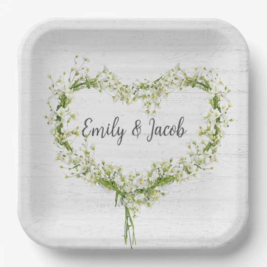 Assiettes En Carton Mariage blanc Lily Coeur sur le bois (Recto)