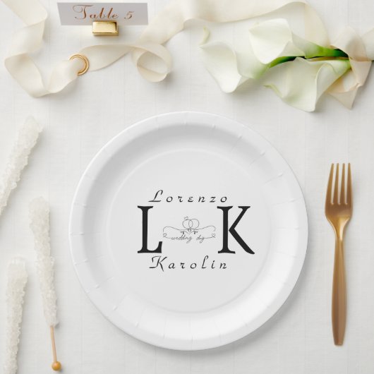 Assiettes En Carton Mariage blanc Monogramme simple Élégant minimalist (Mariage)