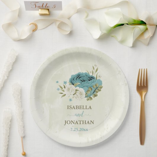 Assiettes En Carton mariage bleu blanc fleurs verdure (Mariage)