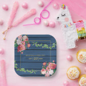 Assiettes En Carton Mariage Bleu Nuit Bois Roses Roses et Or (Fête)