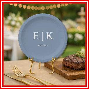 Assiettes En Carton Mariage Bleu Poussiéreux Monogramme