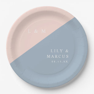 Assiettes En Carton Mariage Blush Dusty Blue Élégant Monogramme