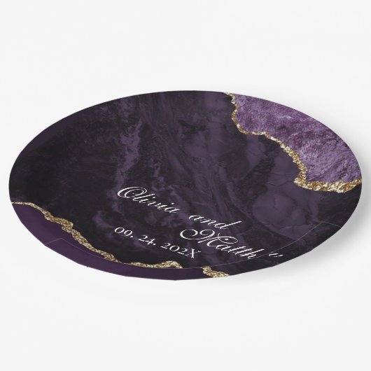 Assiettes En Carton Mariage Boho Agate Purple and Gold (Angle)