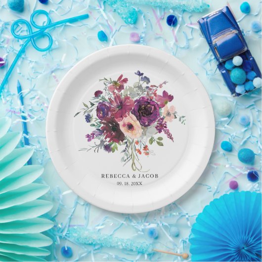 Assiettes En Carton Mariage Boho Fleur sauvage d'aquarelle Bourgogne (Fête)