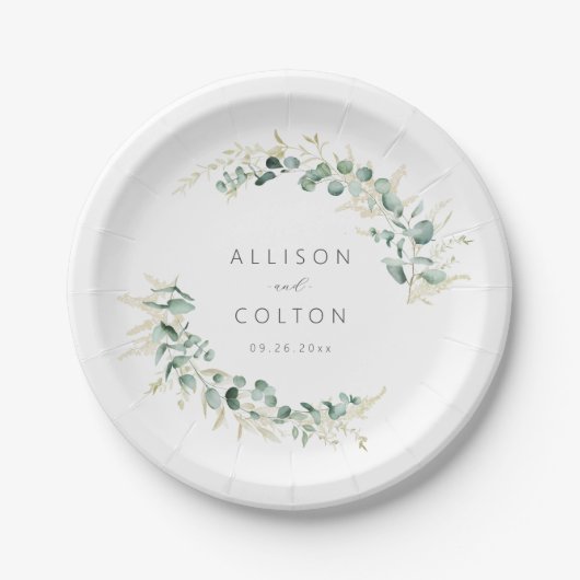 Assiettes En Carton Mariage boho rustique eucalyptus vert (Devant)