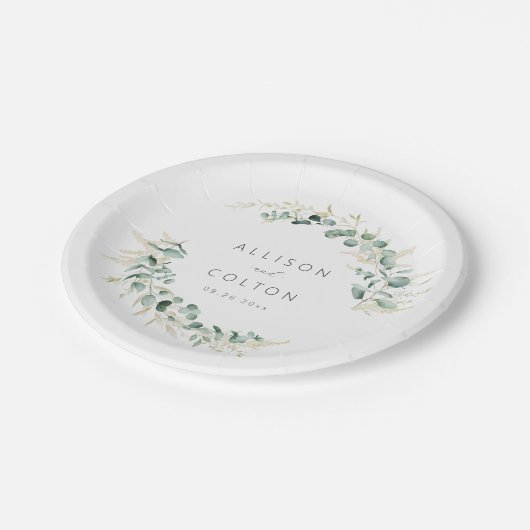 Assiettes En Carton Mariage boho rustique eucalyptus vert (Angle)