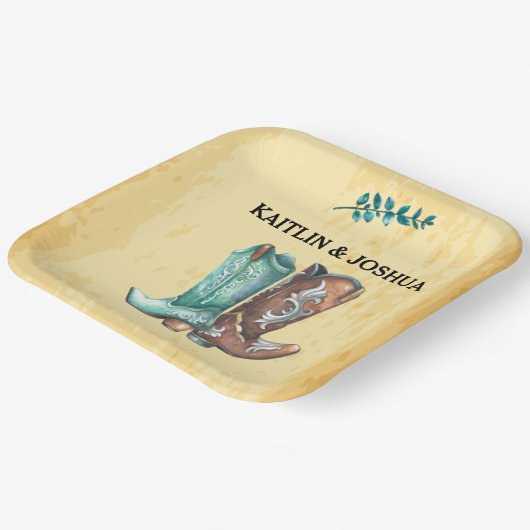 Assiettes En Carton Mariage Boots Cowboy 🤠 Monogramme Rustique Occide (Angulaire)