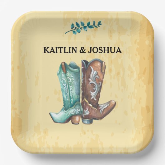 Assiettes En Carton Mariage Boots Cowboy 🤠 Monogramme Rustique Occide (Recto)
