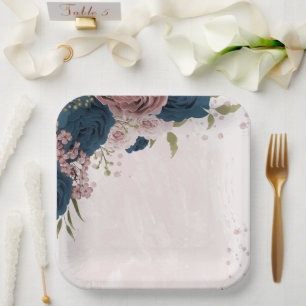 Assiettes En Carton mariage botanique bleu marine rose