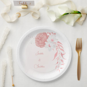 Assiettes En Carton mariage botanique de fleurs rose et blanche