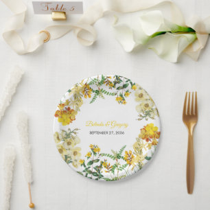 Assiettes En Carton Mariage Botanique Floral Aquarelle Jaune Vintage