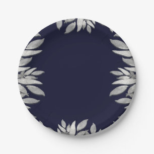 Assiettes En Carton Mariage Botanique Glam Bleu Rose Feuilles d'Argent