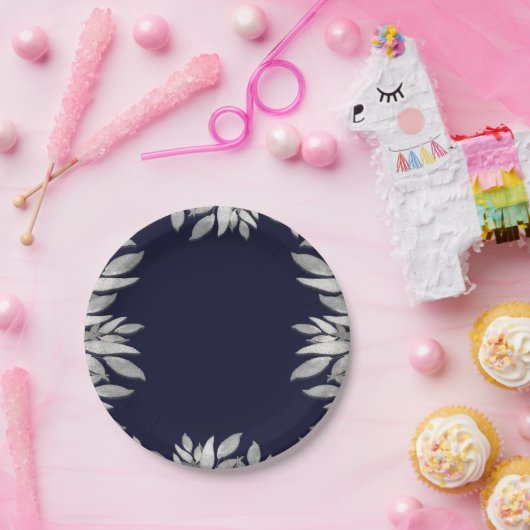 Assiettes En Carton Mariage Botanique Glamour Feuilles d'Argent Bleu R (Fête)