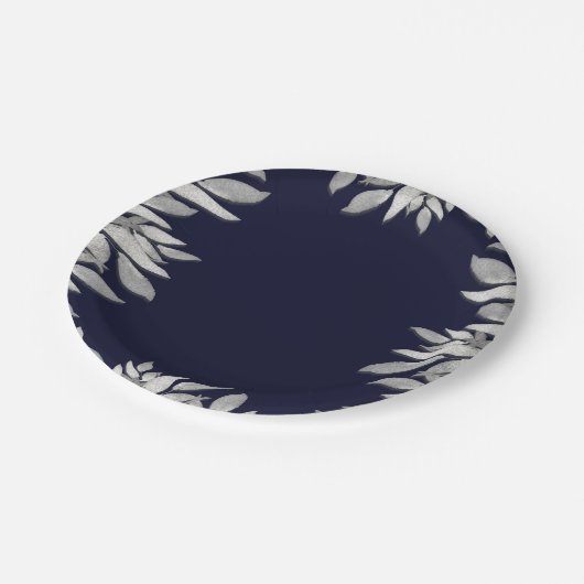 Assiettes En Carton Mariage Botanique Glamour Feuilles d'Argent Bleu R (Angle)