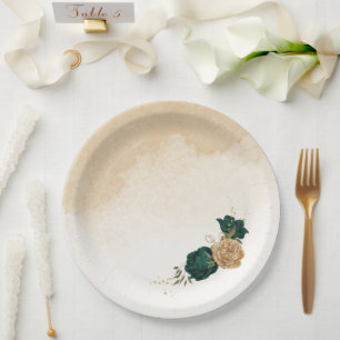 Assiettes En Carton Mariage botanique vert émeraude beige or