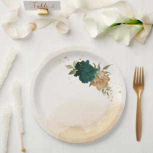 Assiettes En Carton Mariage botanique vert émeraude beige or