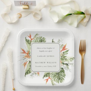Assiettes En Carton Mariage botanique vert orange tropical