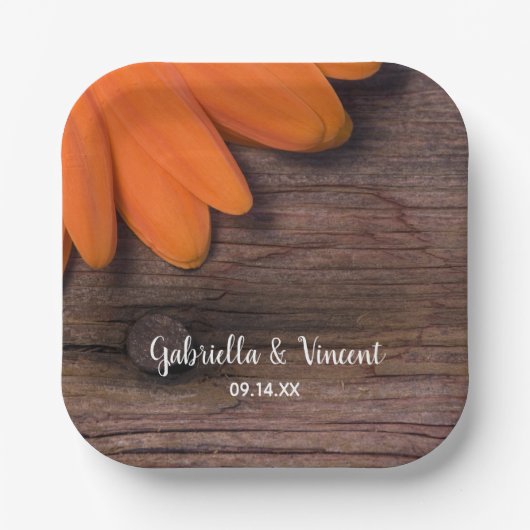 Assiettes En Carton Mariage campagnard rustique Orange Daisy Grange (Recto)