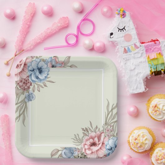 Assiettes En Carton Mariage Carré rose et bleu de charme (Fête)