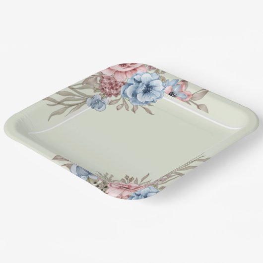 Assiettes En Carton Mariage Carré rose et bleu de charme (Angulaire)