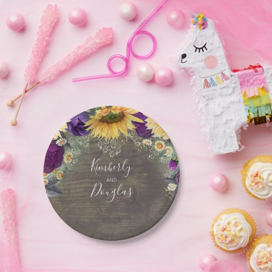 Assiettes En Carton Mariage champêtre rustique violet et tournesol d'a (Fête)