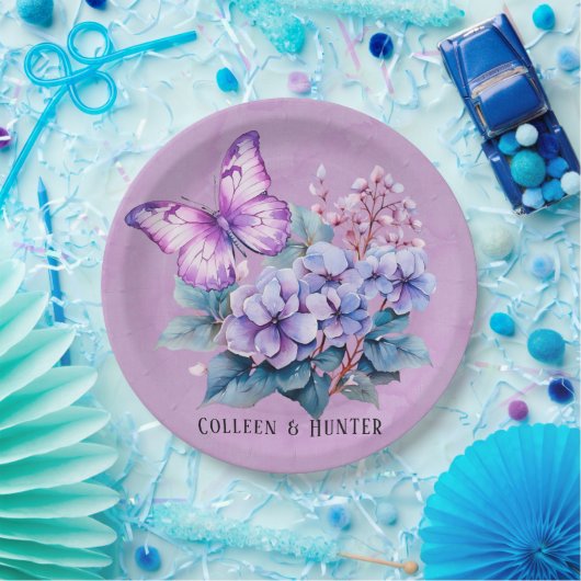 Assiettes En Carton Mariage chic violet Hydrangea floral et papillon