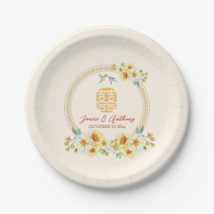 Assiettes En Carton Mariage chinois cadre jaune oiseau fleuri élégant