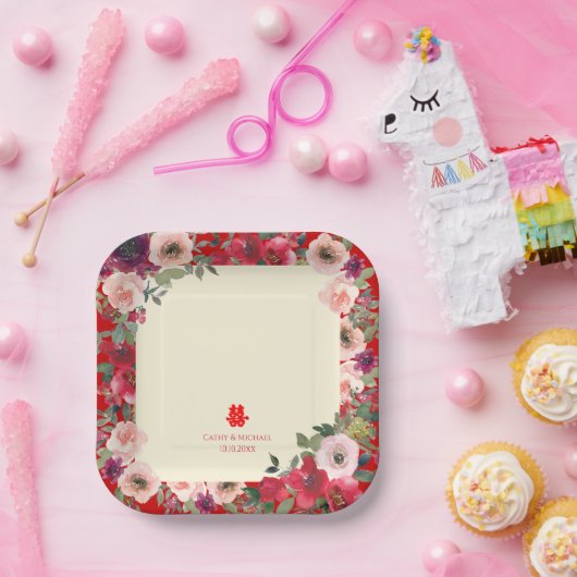 Assiettes En Carton Mariage chinois rouge jardin fleuri double bonheur (Fête)