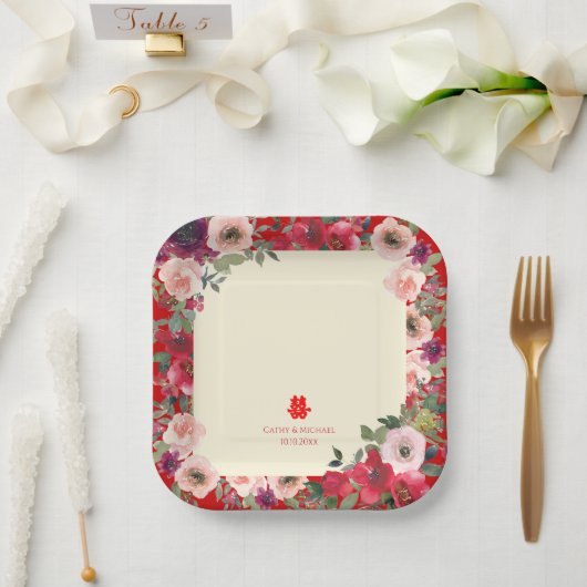 Assiettes En Carton Mariage chinois rouge jardin fleuri double bonheur (Mariage)