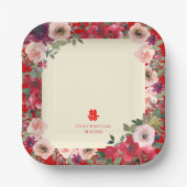 Assiettes En Carton Mariage chinois rouge jardin fleuri double bonheur (Recto)