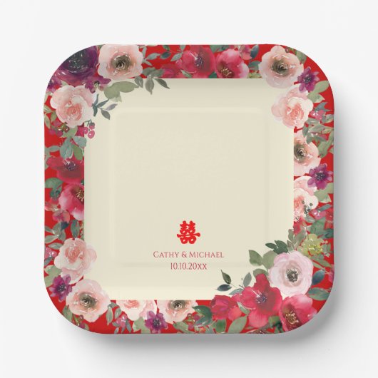 Assiettes En Carton Mariage chinois rouge jardin fleuri double bonheur (Recto)